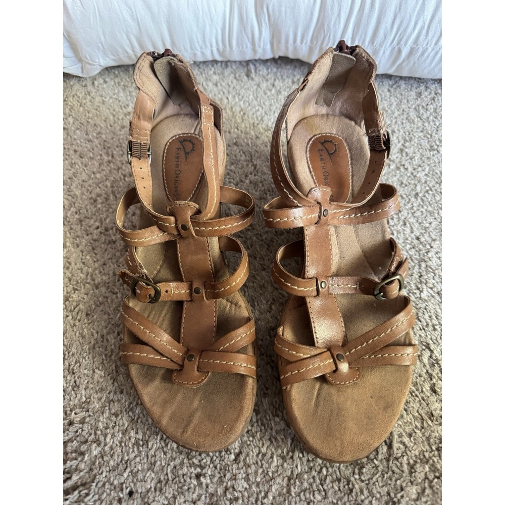 Earth Origins Greta Wedge Sandals Tan Size 8.5 Leather Zipper Heel Comfort